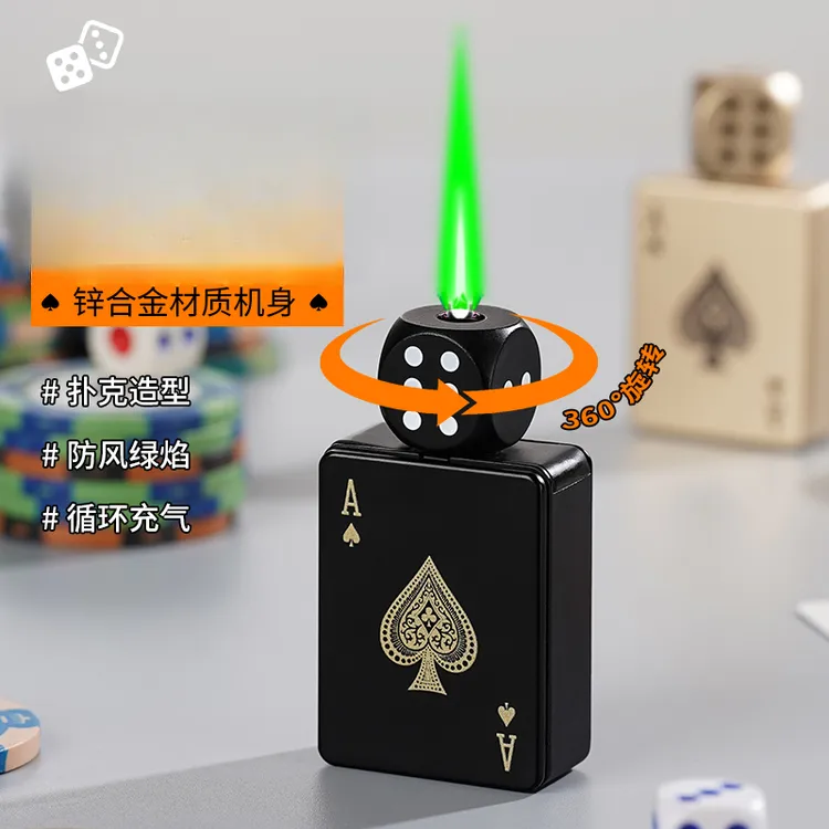 【旋转黑桃A骰子打火机】炫酷创意防风充气便携解压棋牌图案送男友商品图
