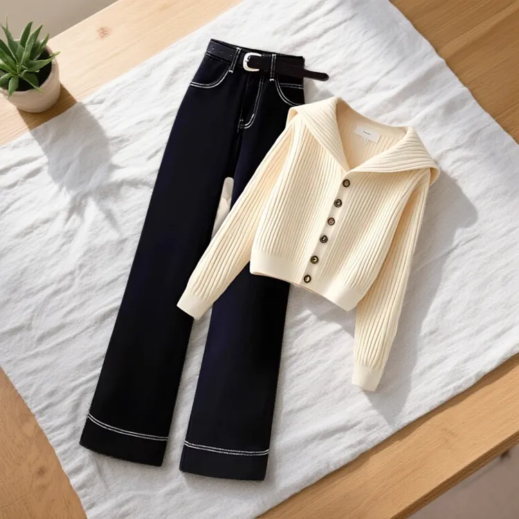 大码早秋穿搭一整套气质小香风针织毛衣女高级感显瘦牛仔裤两件套