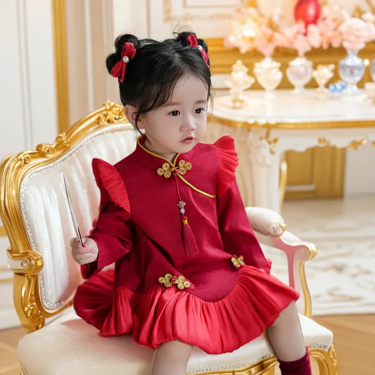 周岁女宝宝公主裙秋装婴幼儿童抓周服红色女童新中式生日衣服唐装