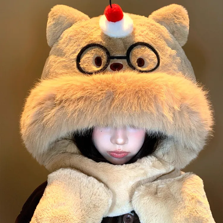 可爱蛋糕眼镜小熊毛绒帽子围巾一体女冬季加厚保暖防寒手套三件套