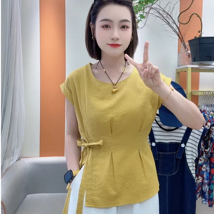 【上衣】棉麻圆领设计侧边系带不规则开叉气质时尚显瘦百搭短袖上衣