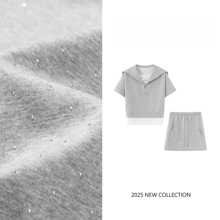 春夏季新款时尚百搭短袖洋气假两件T恤+百搭休闲短裙时尚套装8880