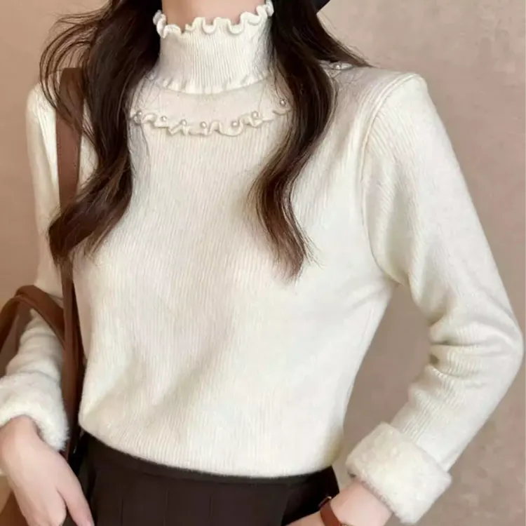 一体绒木耳领珍珠加厚针织衫时尚韩版打冬季保暖毛衣内搭女打底衫