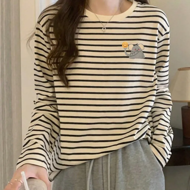 纯棉长袖t恤薄款女2025秋季新款宽松条纹打底衫洋气内搭体恤上衣