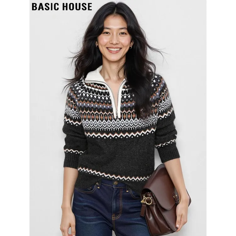 Basic House/百家好费尔岛半拉链翻领毛衣女2026秋冬撞色针织外套