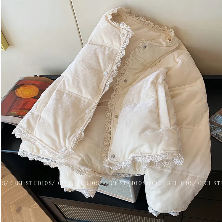 白色蕾丝花边短款甜美2025冬季新款气质温柔加厚保暖棉服棉衣外套