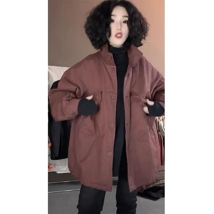 韩版百搭宽松中长款立领外套潮2025冬季新款时尚简约休闲纯色上衣