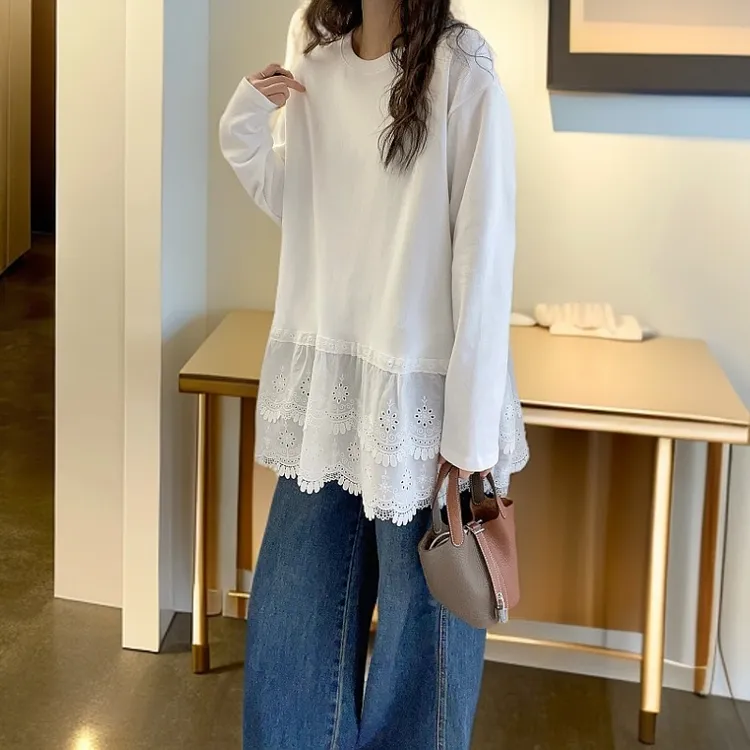 HONG JIA LIN/虹嘉琳韩系蕾丝花边拼接t恤女独特超好看大码德绒衫