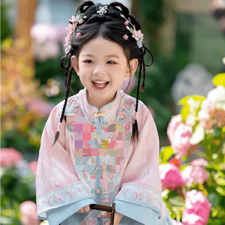 2025女童春秋新款长袖花蝶影明制汉服女童古风马面裙儿童国风套装