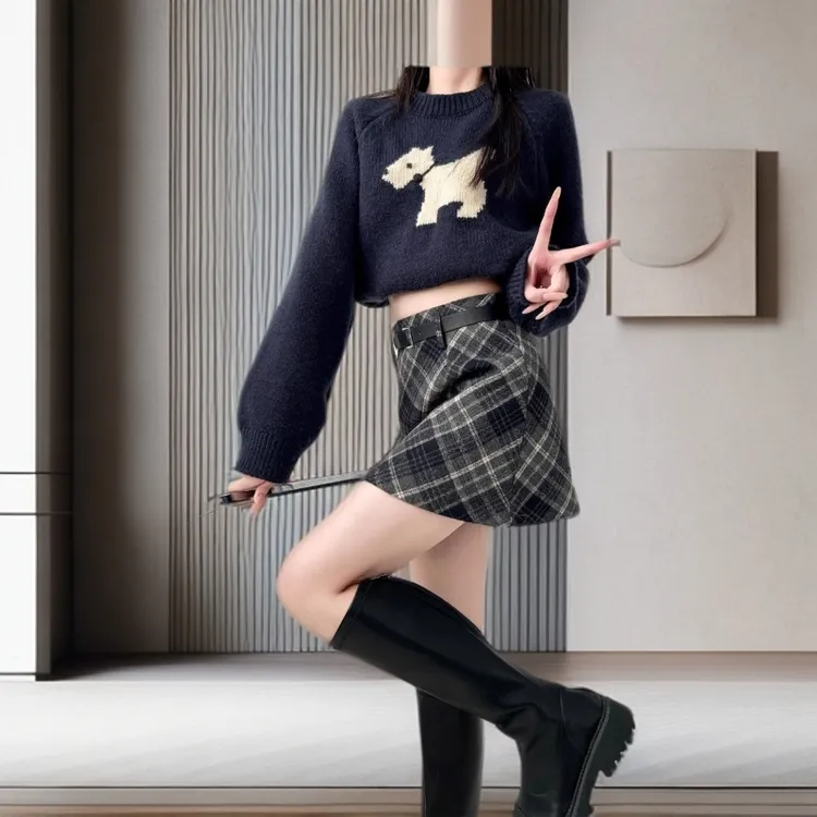 毛呢格纹裙半身裙女2025秋冬复古梨形身材大码M包臀短裙A字裙子