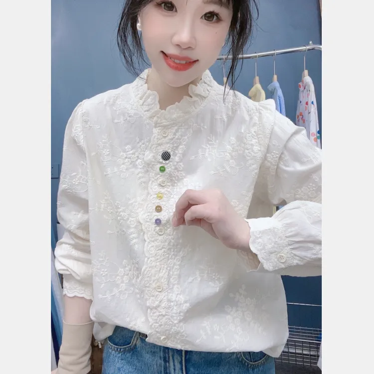 刺绣仙女风立领衬衫小衫打底内搭小众时尚设计感百搭绣花长袖