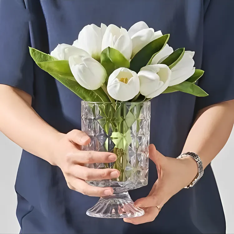 ins风玻璃高脚花瓶客厅摆件水养干花插花北欧风复古透明水培容器