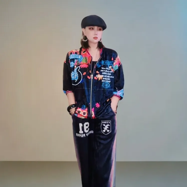 (AN.)潮牌钻石丝绒休闲显瘦百搭宽松中长款猫头鹰开衫3280