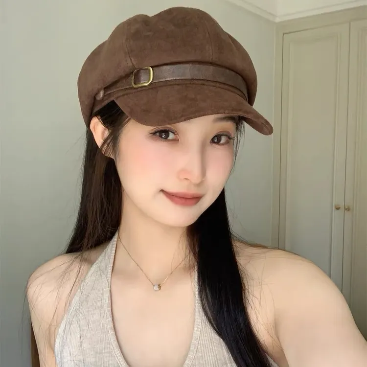 慕斯棕棕~秋冬新款麂皮绒复古贝雷帽女韩系气质时尚显脸小八角帽