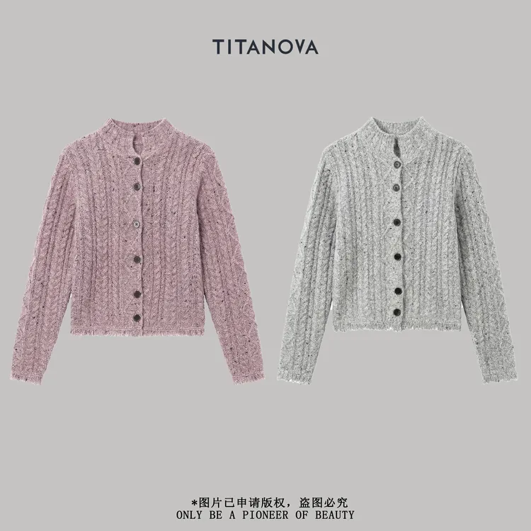 【宁不凡】华尔兹|做旧流苏立领竖向肌理绞花开衫毛衣N5MY1210Q