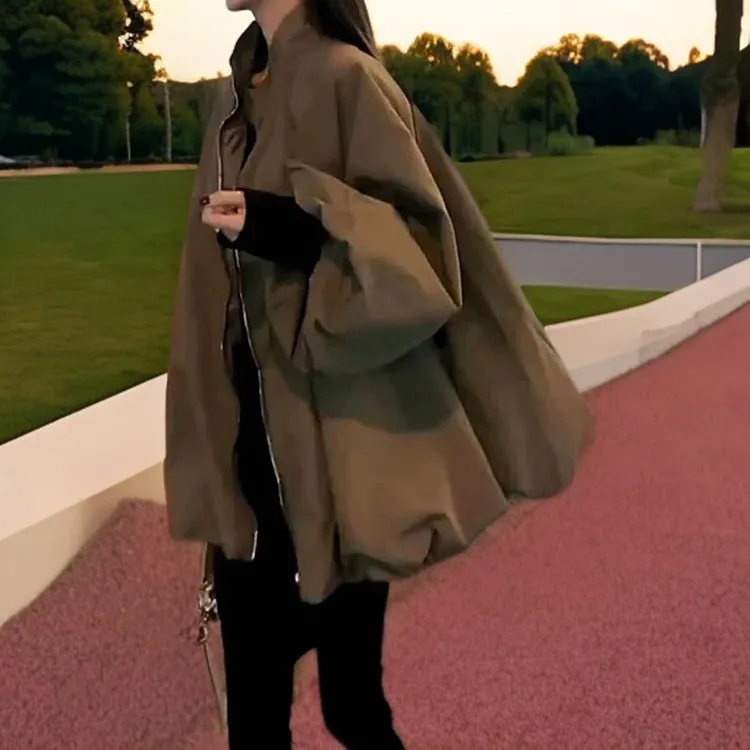 欧洲站春季新款时尚设计衣服宽松炸街帅气抽绳长袖立领拉链外套女