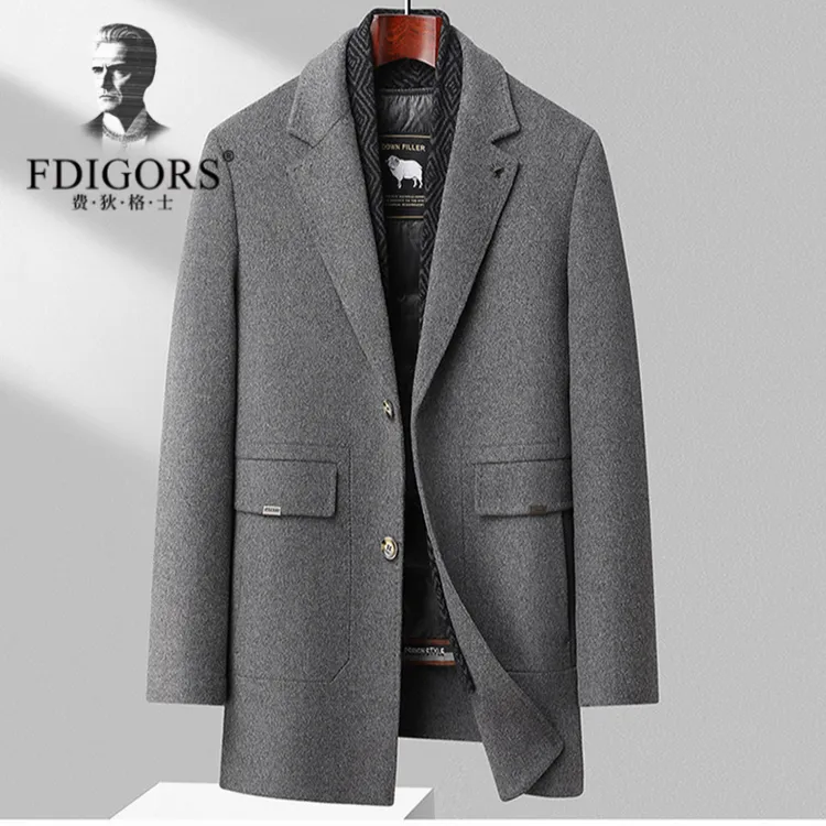 费狄格士冬季新款男士双面羊毛呢大衣中长款鹅绒内胆西装领外套