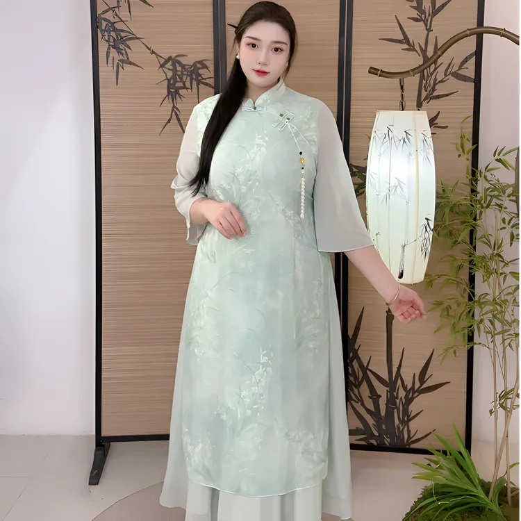 码加加51282胖mm假两件秋季绿色显白新中式旗袍连衣裙清新雅致