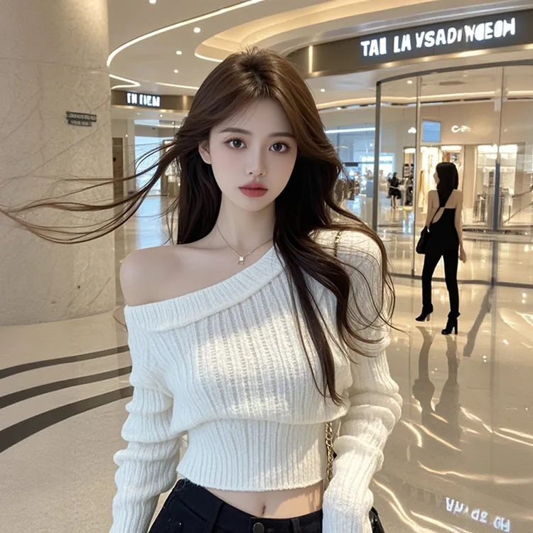 2025秋季新款斜领长袖针织衫收腰显瘦短毛衣打底衫气质名媛穿搭女