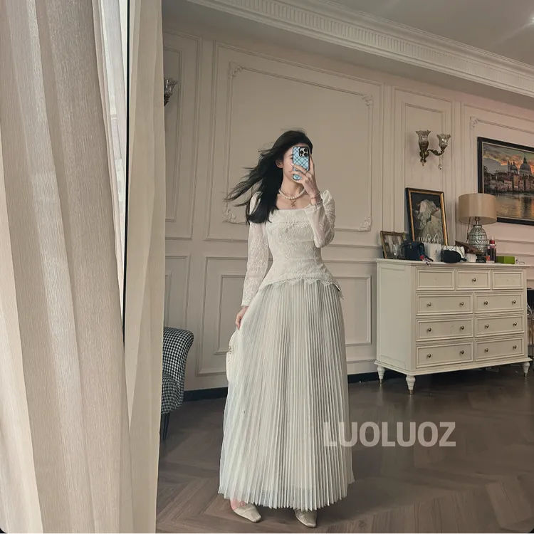 LUOLUOZ【时光恋人】气质假两件绝美网纱收腰秋季长款连衣裙JF1011