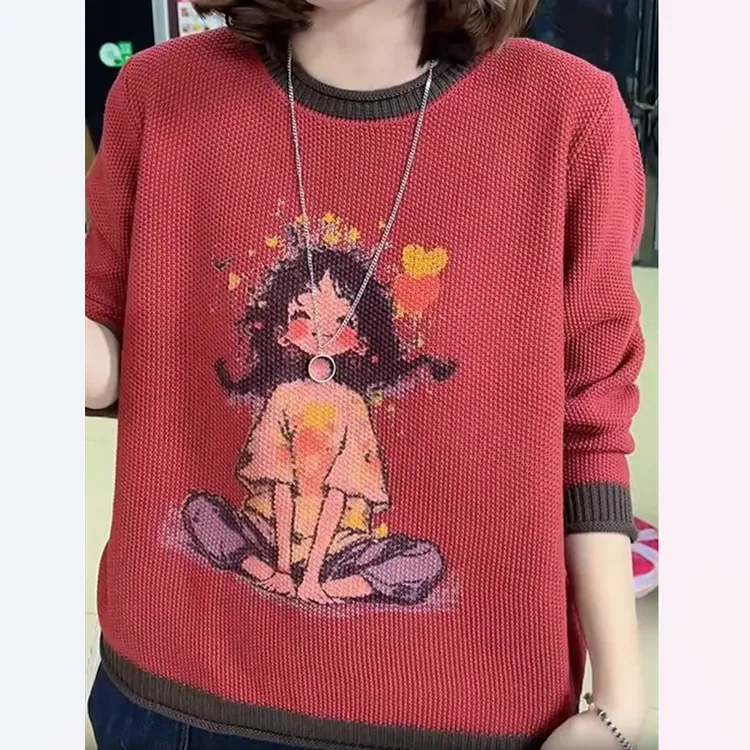 欧货圆领撞色拼接毛衣针织衫女时尚潮流卡通印花女装长袖打底上衣