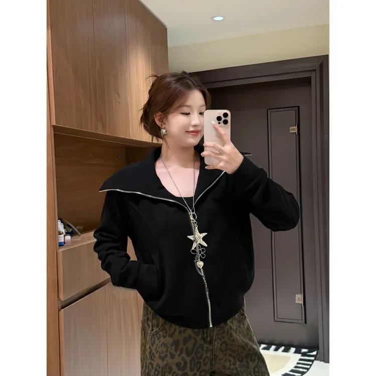 美式复古翻领外套女胖MM新款秋冬季时尚不规则设计感修身显瘦上衣