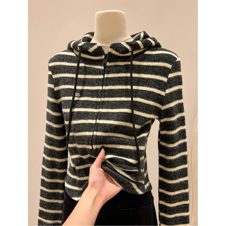 连帽条纹磨毛加厚卫衣外套女秋冬内搭可外穿修身显瘦拉链开衫上衣