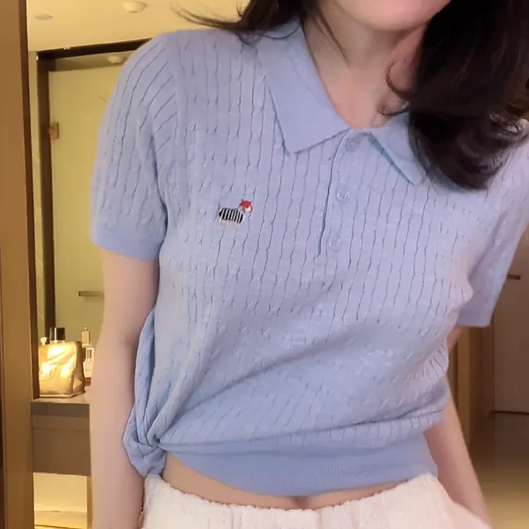 设计感刺绣腊肠狗针织短袖polo领T恤女2025新款春夏蓝色套头上衣