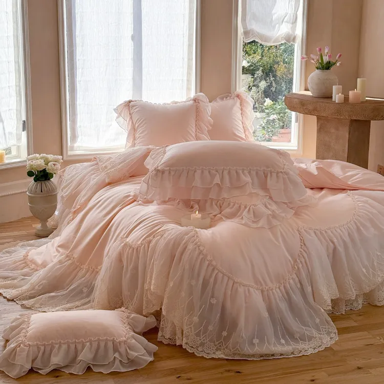 法式仙女粉色全棉长绒棉床上四件套公主纯棉蕾丝花边被套轻奢床盖