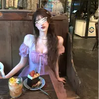 2025夏季新款时尚纯欲显瘦紫色蕾丝一字肩气质显瘦吊带连衣短裙女