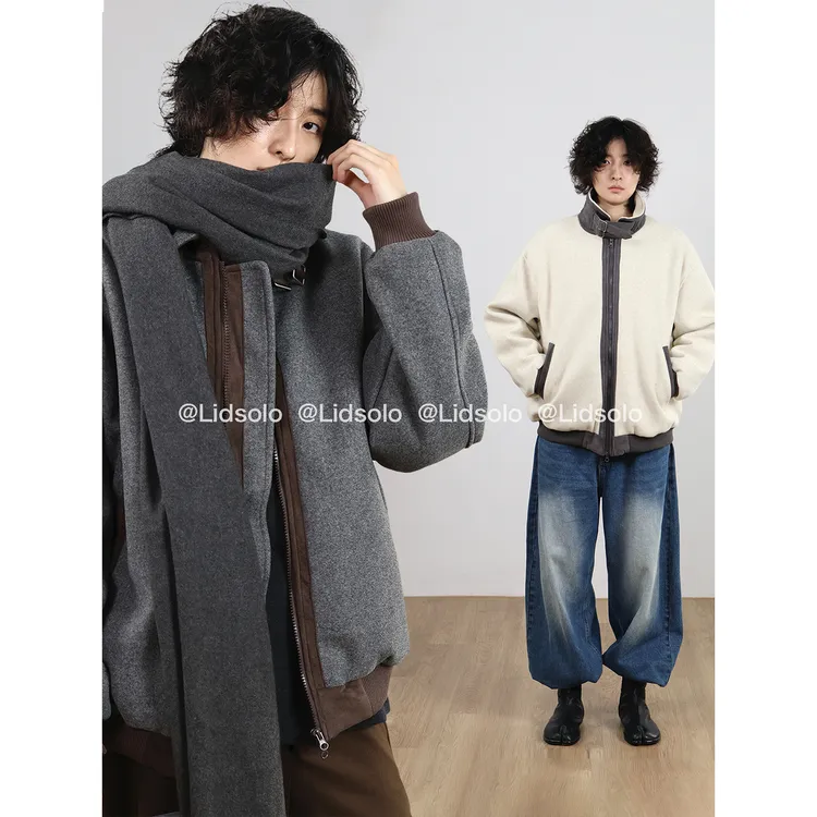 Lid solo秋冬复古毛呢立领外套撞色拼接小众设计感短款棉服 男女
