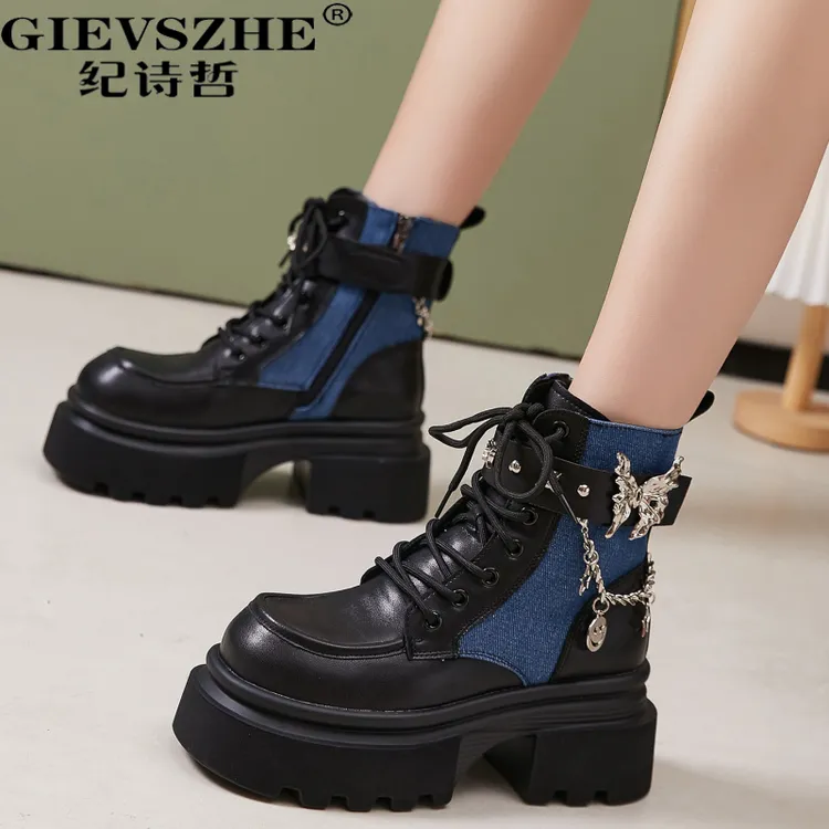 纪诗哲真皮女靴厚底内增高马丁靴女秋冬新款英伦风加绒短靴女款