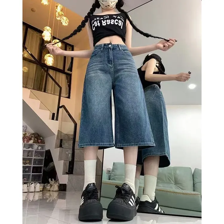 复古蓝牛仔裤女七分裤2025夏季新款美式阔腿七分裤直筒七分中裤子