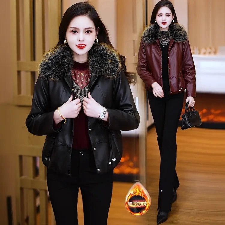 时尚加绒加厚短款皮衣外套女2025冬季新款显瘦毛领保暖皮夹克棉袄