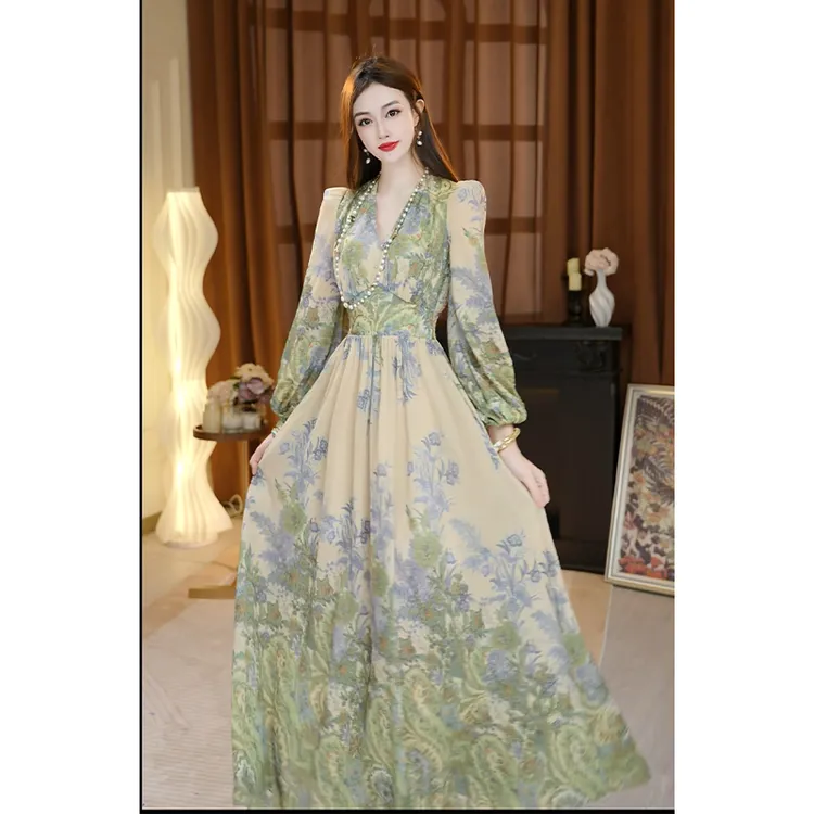 尤克菲儿 原创 高定轻奢 夏秋款气质收腰修身 定位雪纺印花连衣裙