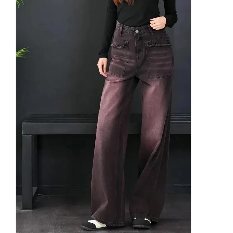 大码胖mm黑红色复古阔腿裤秋冬美式2025新款女裤窄版直筒牛仔裤女