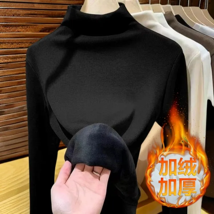 拉夏贝尔冬季加绒加厚半高领打底衫爆款外穿简约纯色保暖长袖上衣