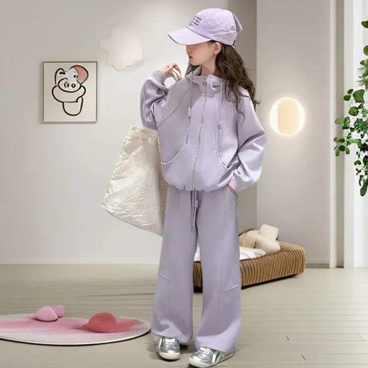 D女童秋装套装2025新款女大童韩系连帽开衫儿童外套休闲裤两件套