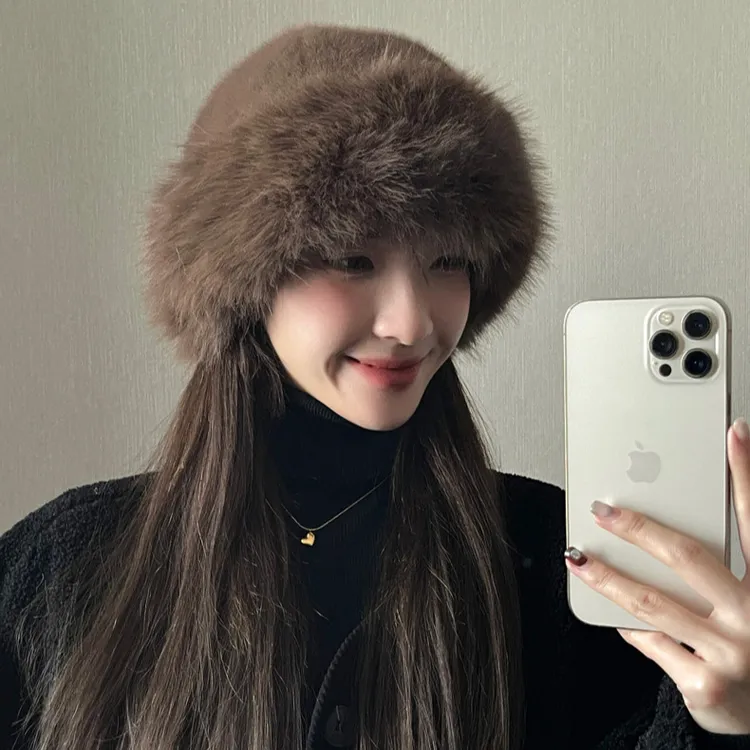 毛绒地主帽女秋冬新款防寒保暖帽子东北盆帽护耳帽显脸小渔夫帽潮