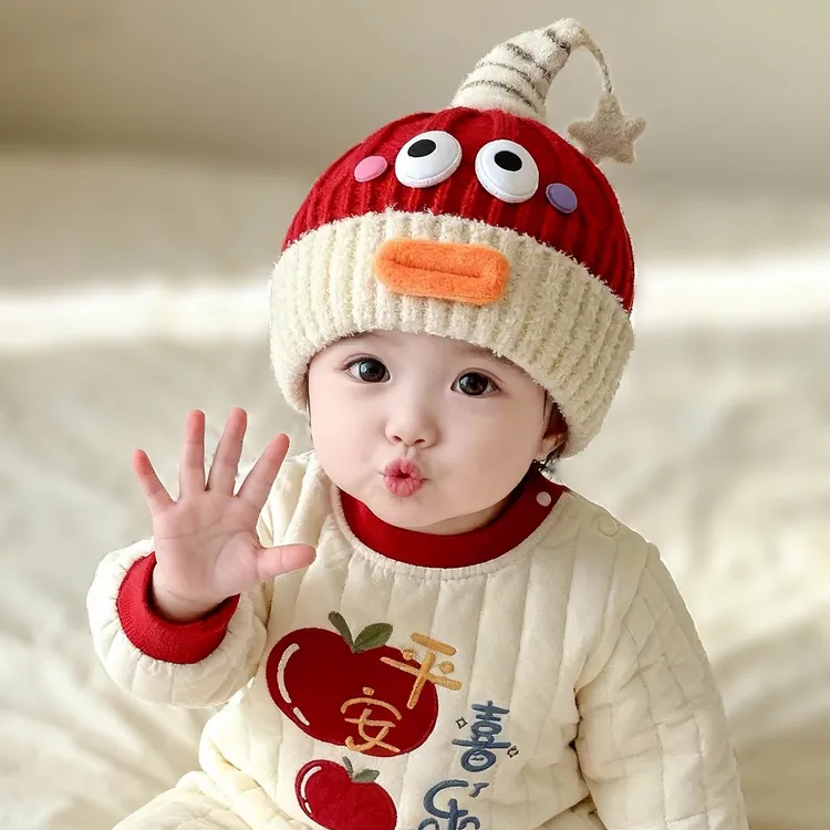 婴儿帽子冬天毛线帽红色喜庆新年帽宝宝可爱加厚保暖套头毛线帽潮