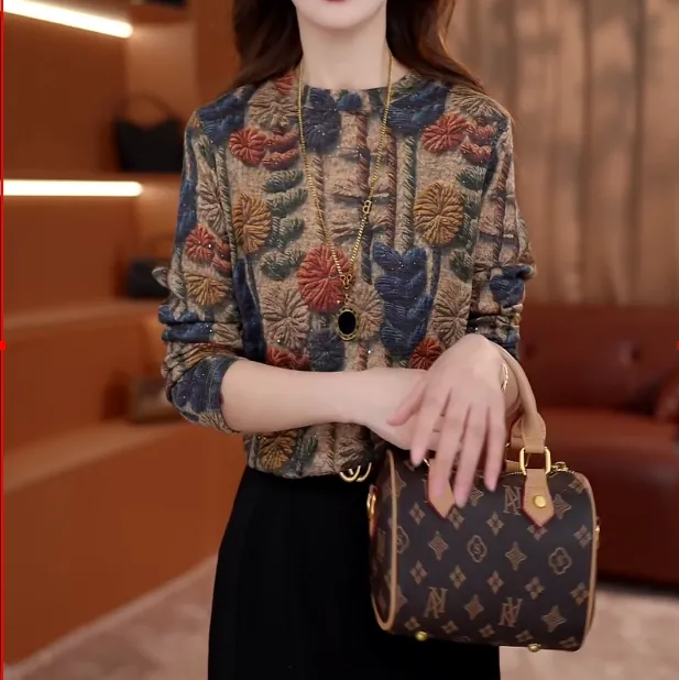 2025新款秋冬百搭时尚减龄圆领薄绒套头款长袖绒衫显瘦印花宽松