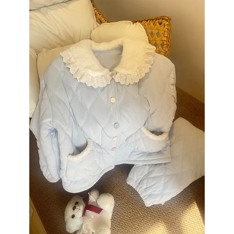 法式蕾丝花边娃娃领夹棉睡衣女2025冬季加绒加厚保暖家居服套装女