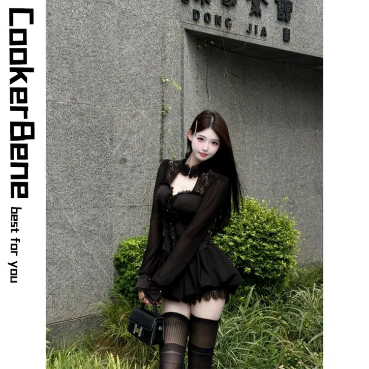 法式纯欲风套装女秋季新款蕾丝花边上衣黑色轻熟风半身裙子两件套