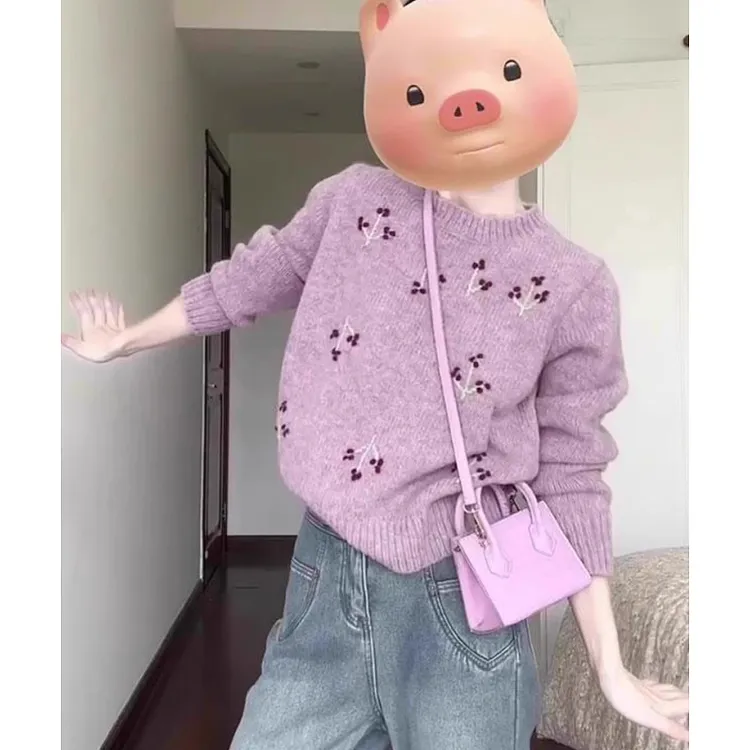 韩系温柔甜美风独特花朵刺绣软糯毛衣女秋冬季时尚休闲减龄针织衫