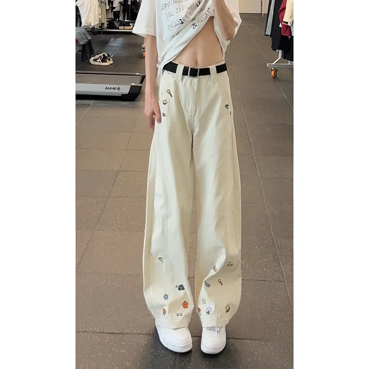 复古潮牌水洗贴纸印花米色牛仔裤宽松百搭弯刀拖地裤长裤通勤裤