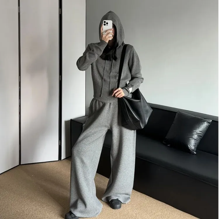 连帽毛织套装女2025春秋季慵懒风收腰针织卫衣休闲直筒长裤两件套
