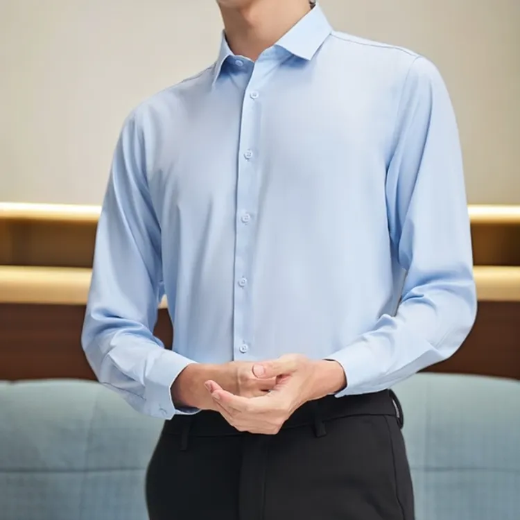 10桑蚕丝+90棉DP免烫男士长袖衬衫海依柜剪标蓝色商务休闲衬衣