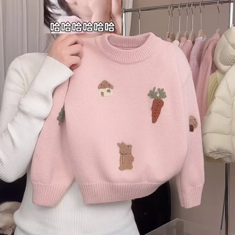 女童冬季加厚保暖毛衣休闲圆领女宝宝卡通百搭休闲长袖毛衣