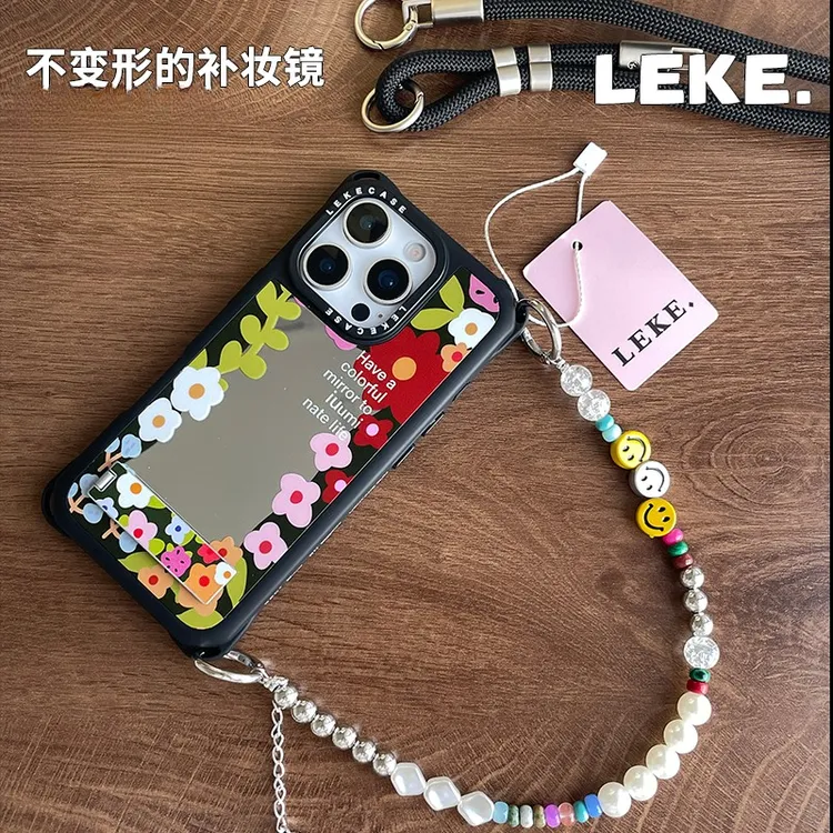 韩系镜面彩色花朵挂绳手机壳可斜挎防摔适用苹果iPhone17华为小米