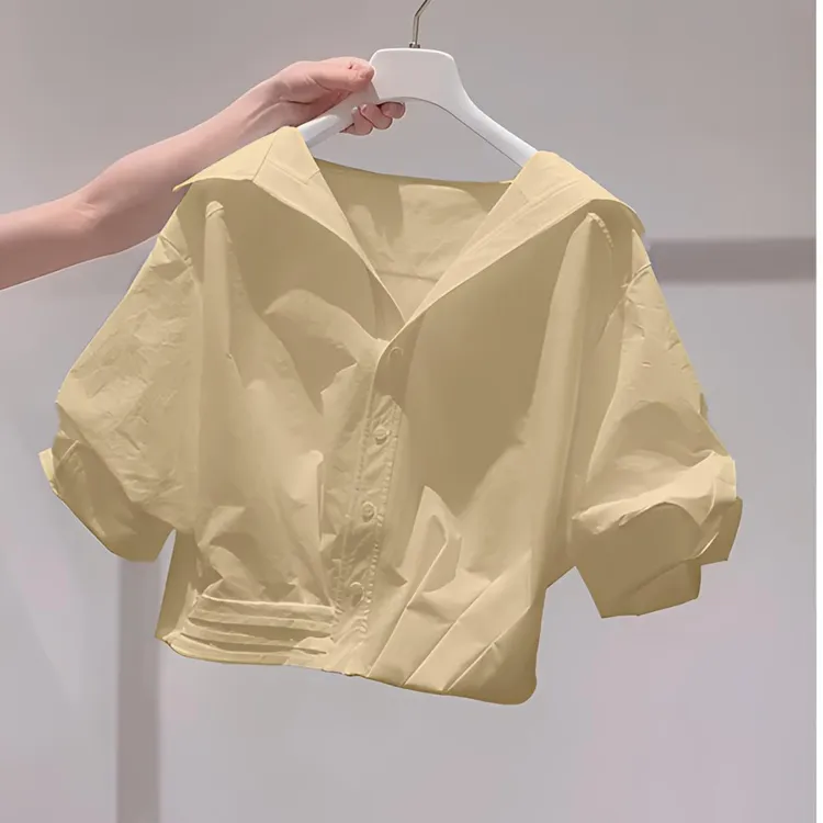 黄色翻领宽松泡泡袖衬衫女2025年夏季新款慵懒风薄款短款短袖上衣